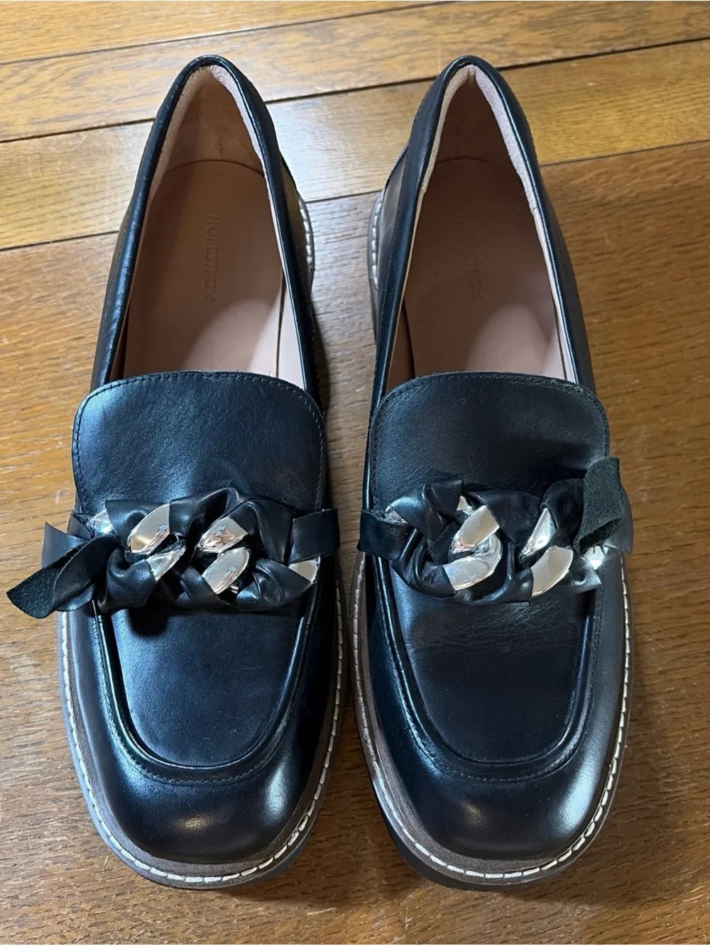 Nordstrom Black Leather Loafers with Silver Chain and Ribbon - Picture 1 of 8